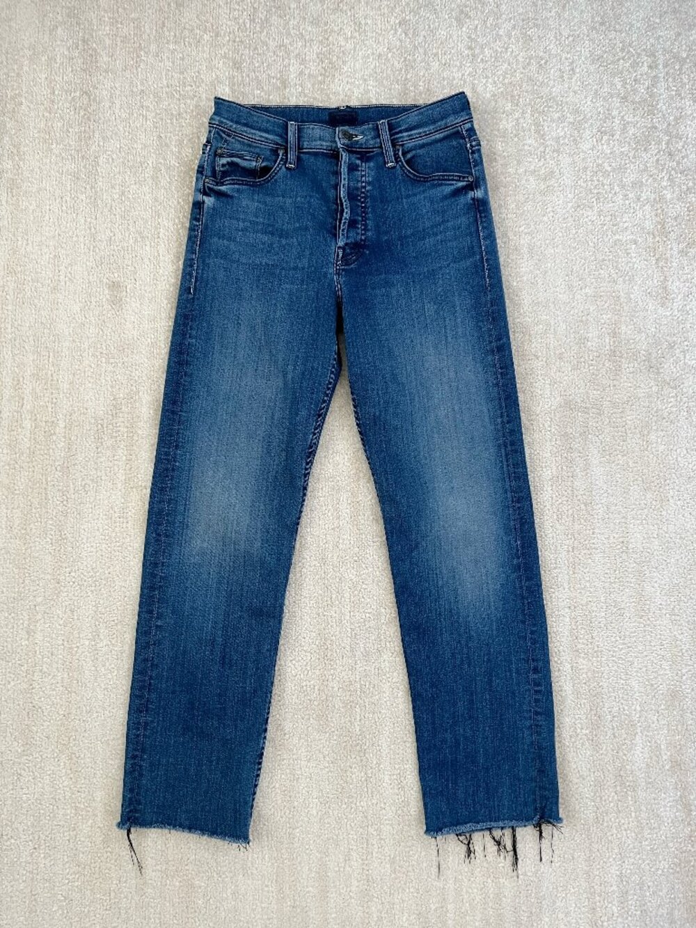 Mother Denim The Tomcat Ankle Fray Jeans in Watch Me Blue High Rise Straight 28